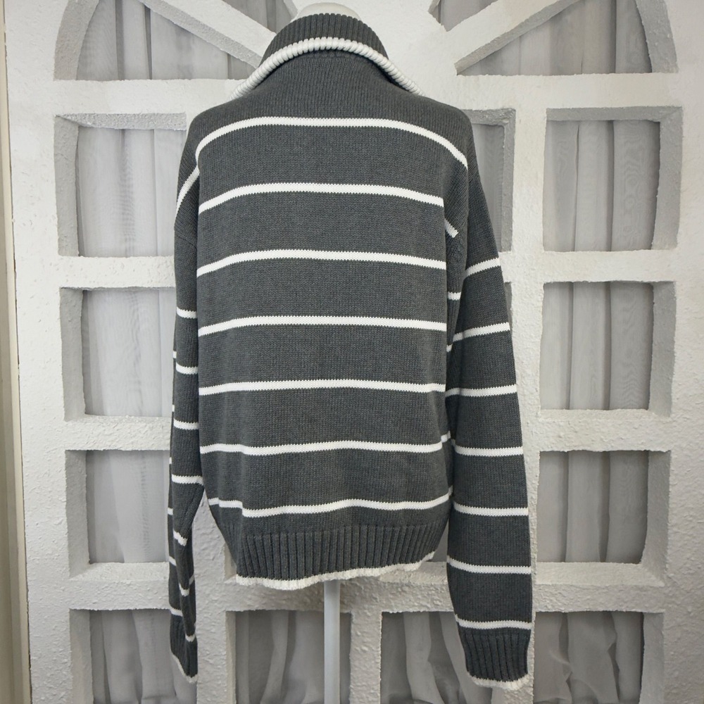 United Colors of Benetton Gray Striped Quarter Zip Cotton Knit Sweater - Picture 8 of 12